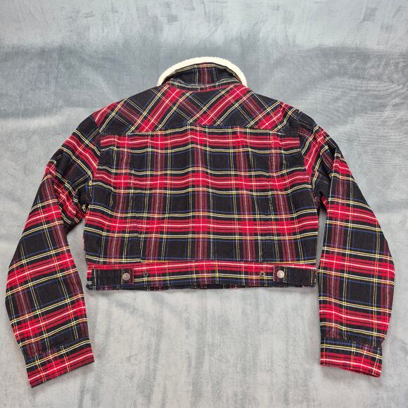 Levi’s Woman's Cropped Red Plaid Corduroy Trucker Jacket Sz M Sherpa Lined - Picture 5 of 9